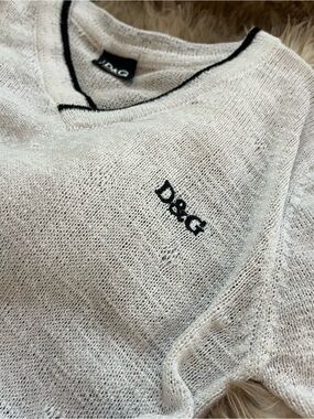 D&G women’s white V-Neck Sweater with Black Logo and Trim